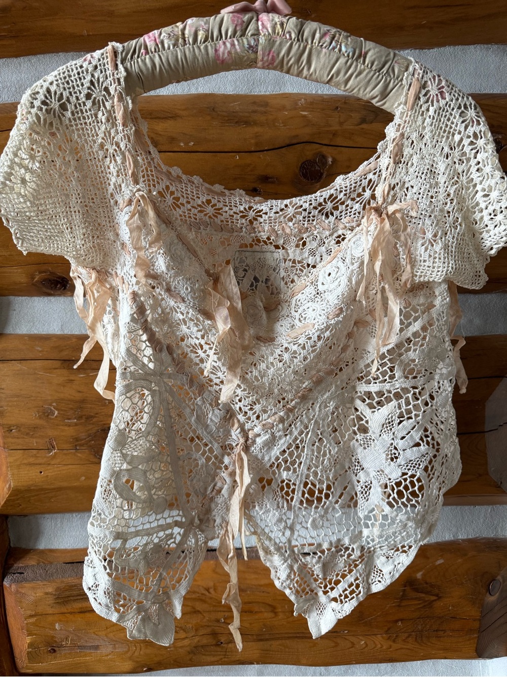 Magnolia Pearl Cream Crochet Lace Blouse with Blush Ribbons